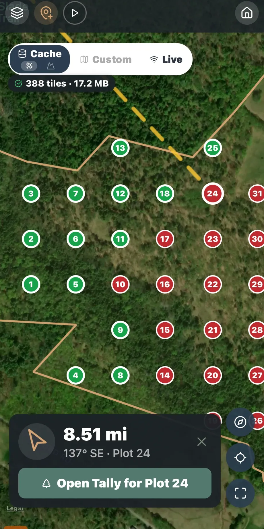 Forest Metrix timber cruising app, map on satellite imagery: a tract boundary with a numbered cruise grid, finished plots in green, and navigation to the next plot