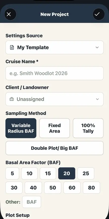 Screen recording of the forestry app: a new project set up from two county parcels, a 4 by 5 chain cruise grid at 22 degrees generated as 21 plots on 51 acres, then navigation to plot 11